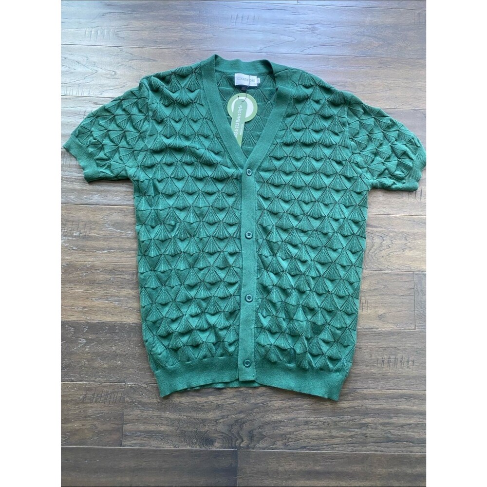 Oxknit Textured Short Sleeve Green Cardigan Sweater Mens Sz XL Button Down